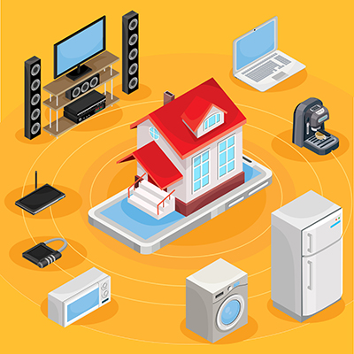 Vector isometric abstract illustration smart home, controlling through internet home work equipment.